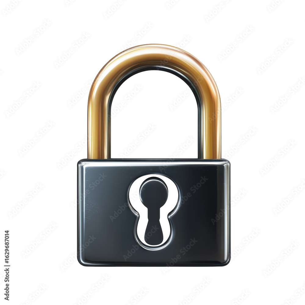 Poster metallic padlock with golden shackle, security and protection, symbol of privacy and data encryption
