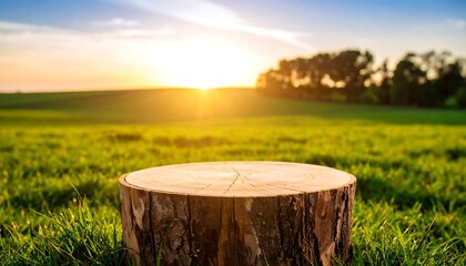 Wooden Stump in Golden Sunset Field: Serene Nature Landscape, Warm Light.