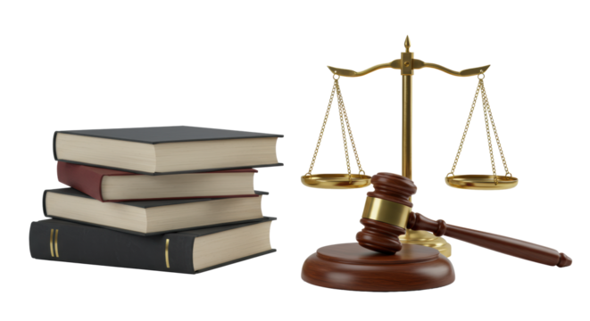 Polished brass justice scale, dark hardback books, and mahogany gavel on a transparent studio background, embodying corporate governance and ethical standards