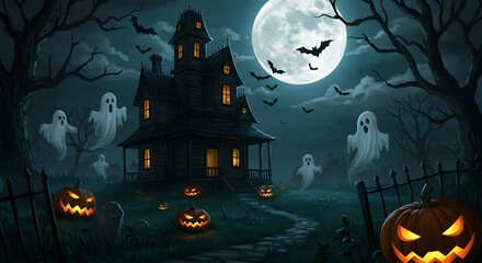 A haunted house sits under a full moon with pumpkins ghosts and bats