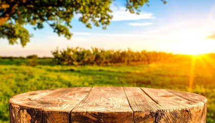 Fototapeta premium Rustic Wooden Tabletop Against a Sunlit Meadow Landscape at Sunset