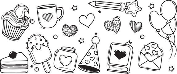 Pizza, Love, Camera, Bag, Hearts, Food and Emotion Doodle Icons – Love, Snack, Vintage, Line Art, Cute, Transparent Background