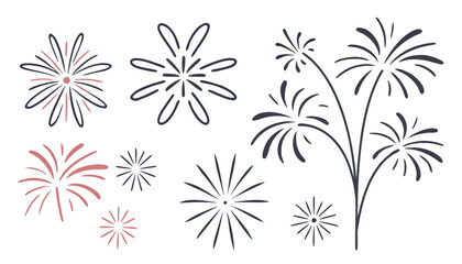 Collection of stylized fireworks explosions in pink and grey isolated on transparent background