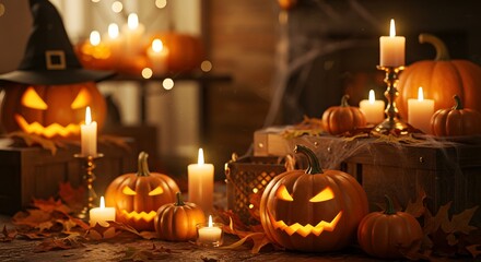 Halloween pumpkins and candles create a festive spooky atmosphere with autumnal foliage