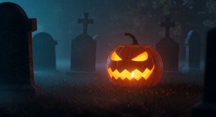 A glowing jackolantern rests in a graveyard its carved face eerily illuminated amidst tombstones and misty atmosphere