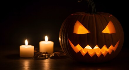 Lit jackolantern with jagged teeth and candles casts warm light in dark setting