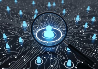 Modern tech concept: Magnifying glass over digital network