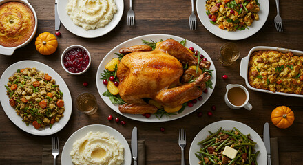 Traditional Thanksgiving holiday dinner with roasted turkey and all the trimmings on a wooden table