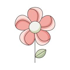 Simple hand drawn pink flower with green leaf and stem