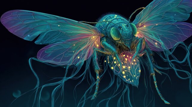Ethereal insect with glowing spots and tendrils floats against a dark background
