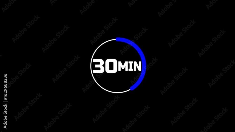 Poster 30 minutes timer clock icon 4k animation background.the 30 minutes stopwatch icon in flat style on b