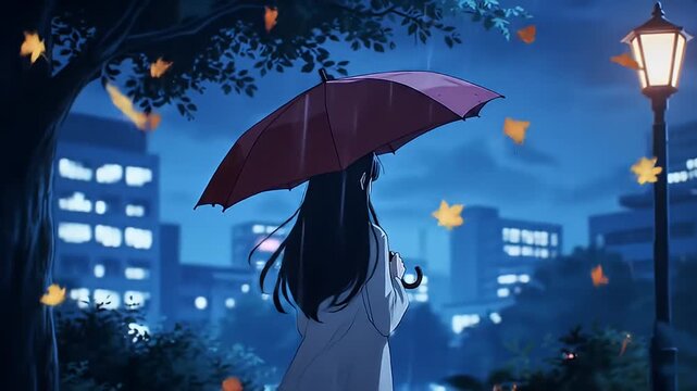 Serene lofi animation of a girl walking under an umbrella on a windy night in the city