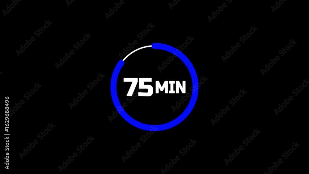Poster 75 minutes timer clock icon 4k animation background.the 75 minutes stopwatch icon in flat style on b