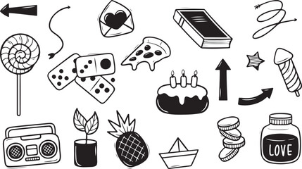 Food and Snack Doodle Icon Set – Pizza, Cake, Donut, Soda, Fast Food, Junk, Tasty, Dessert, Snack, Beverage, Hand Drawn, Vector, Yummy, Delicious, Meal, Cute, Icon Pack