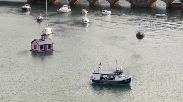 Anchored Boats At Folkestone Harbour In Folkestone Town In Kent, England. Aerial Shot