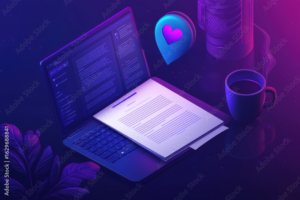Poster digital workspace with laptop and open document in colorful ambient lighting