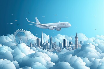 A plane soaring over a city skyline surrounded by fluffy clouds