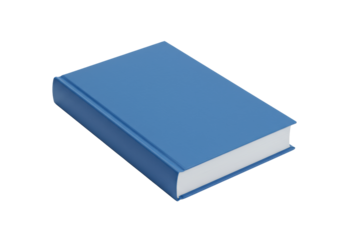 A new, pristine, solid corporate blue hardcover book, closed with spine visible, isolated on a seamless transparent background with ample copy space. Concept of knowledge, professionalism