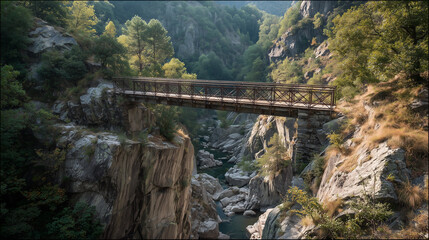 A narrow metal bridge spans a rocky gorge filled with large stones and a stream below. Lush green trees surround the area, bathed in soft sunlight filtering through the forest canopy.