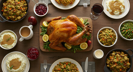 A traditional holiday dinner table spread with a roasted turkey centerpiece, stuffing, mashed potatoes, gravy, and cranberry sauce. Top-down view of a festive meal.