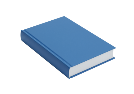 A new, pristine, solid corporate blue hardcover book, closed with spine visible, isolated on a seamless transparent background with ample copy space. Concept of knowledge, professionalism