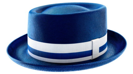 Blue brim hat with white striped band on transparent background