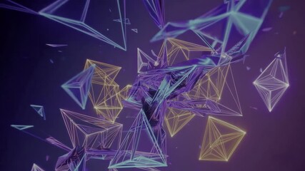 Abstract geometric forms glow against a deep purple background. A vibrant, stylized composition with dynamic lines and shapes - Powered by Adobe