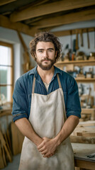 Fototapeta premium Confident Carpenter in Workshop: A skilled artisan stands with confidence in a well-lit workshop, embodying craftsmanship and expertise. The background features wooden tools and a clean workspace. 