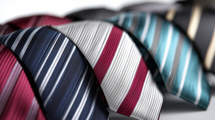 Several silk neckties with striped patterns in different colors, including red, blue, and teal, are arranged closely together, showcasing their texture and design in focus.
