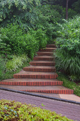 designer garden with lush plants under heavy rain