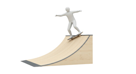Obraz premium Isolated White Figure Skateboarding on a Wooden Half-Pipe Ramp