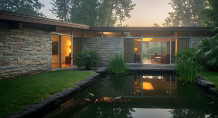 Modern house architecture with pond koi fish garden design stone wall exterior landscaping luxury home and nature