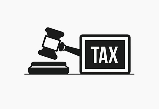 A simple and bold black and white icon representing tax law and justice, featuring a classic gavel and a sign with the word "TAX" for finance and legal themes.