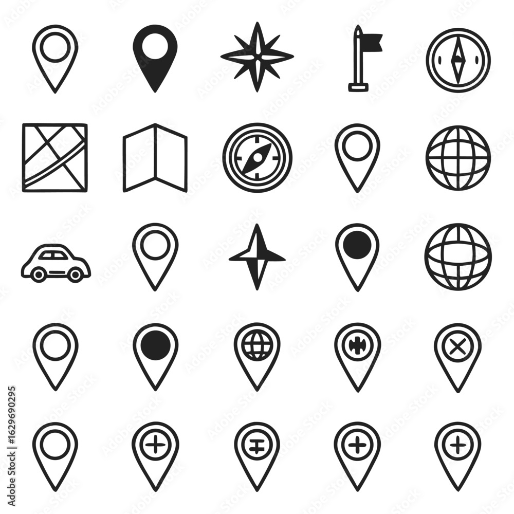 Aufkleber collection of navigation and location icons in a grid pattern