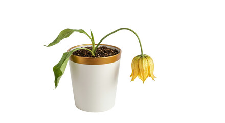Isolated Wilting Yellow Flower in a Pot, Concept of Decline or Neglect