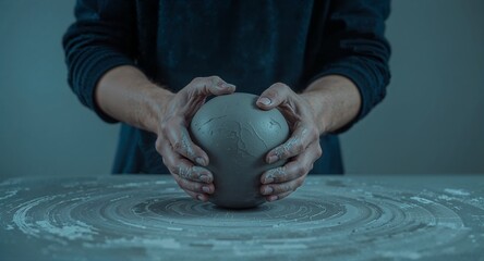 Artisan's Hands Shaping Raw Clay Ball on Potter's Wheel Ready for Creative Pottery Crafting in a Studio.