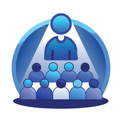 A clean vector icon of an audience. A dark blue group of people with a light blue spotlight on one person. Minimalist style, white background.