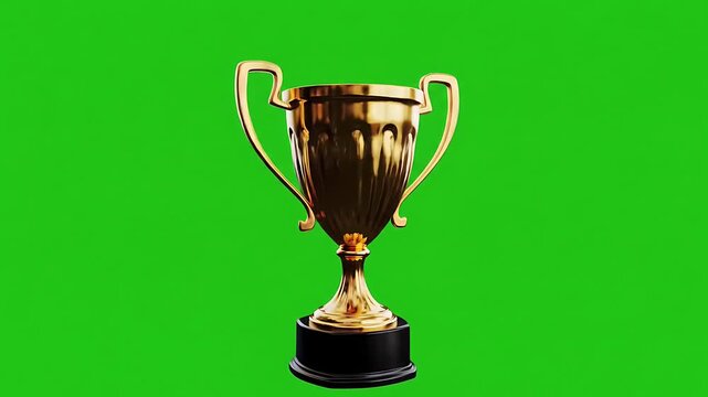 The video features a golden trophy smoothly rotating against a bright green backdrop