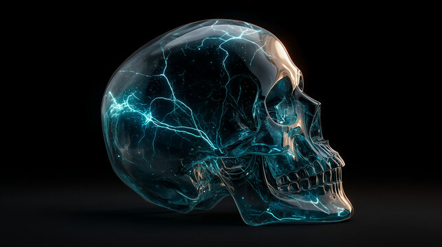 Translucent human skull illuminated by bioluminescent neural networks pulsing rhythmically in complete darkness, showcasing intricate nervous system pathways
