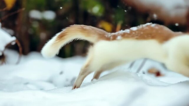 A stoat scurries across snow, its brown and white fur blending with the winter landscape. It moves gracefully.