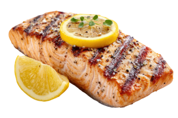 Grilled salmon fillet topped with lemon