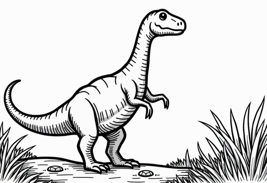 A classic black and white line art illustration of a small dinosaur, possibly a compsognathus, a perfect hand-drawn design for coloring books and educational themes.
