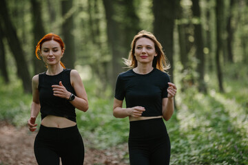 Two women jogging through a forest trail