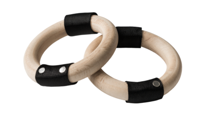 Pair of wooden gymnastics rings.  Black fabric wraps around the rings.  Light colored wood.  Small metal fasteners visible.  Studio shot