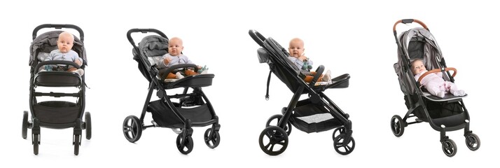Set of cute babies in strollers on white background