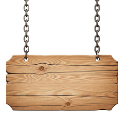 Wooden sign hanging from chains with a rustic light brown wood grain texture isolated on transparent background