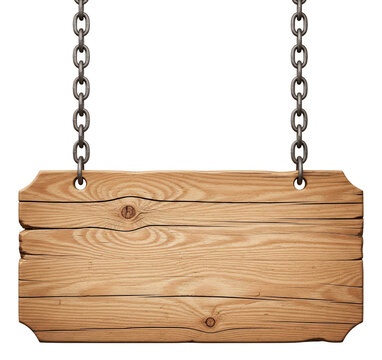 Wooden sign hanging from chains with a rustic light brown wood grain texture isolated on transparent background