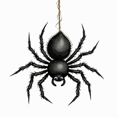 Obraz premium A realistic and detailed illustration of a black spider hanging from a single thread, a creepy and classic symbol perfect for Halloween and spooky-themed designs. 