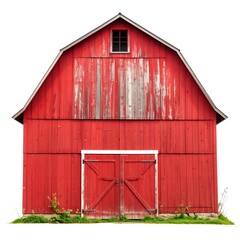 Classic red barn with weathered wooden siding, a gable roof, and large double doors, isolated on a white background.