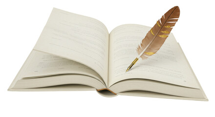 Isolated Open Book with Elegant Feather Quill, Symbolizing Education, Knowledge, Literature, and the Art of Storytelling